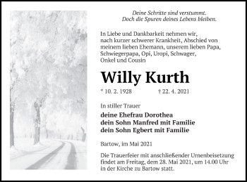 Traueranzeige von Willy Kurth von Vorpommern Kurier