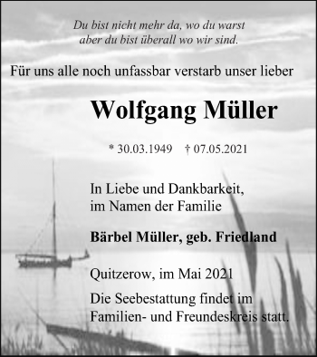 Traueranzeige von Wolfgang Müller von Demminer Zeitung