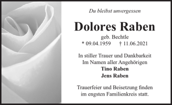 Traueranzeige von Dolores Raben von Zeitung für die Landeshauptstadt