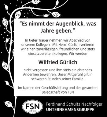 Traueranzeige von Es nimmt der Augenblick Wilfried Gürlich  von Norddeutsche Neueste Nachrichten