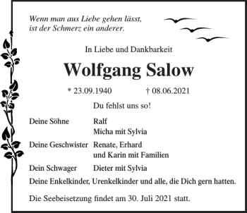 Traueranzeige von Wolfgang Salow von Norddeutsche Neueste Nachrichten