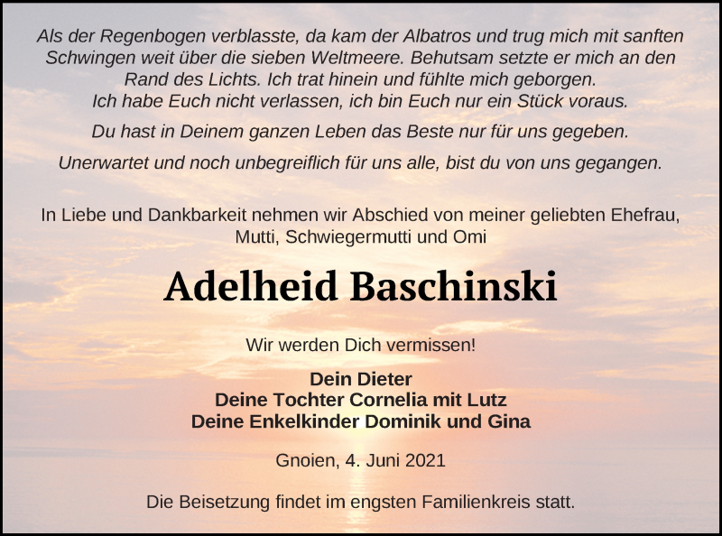  Traueranzeige für Adelheid Baschinski vom 08.06.2021 aus Mecklenburger Schweiz