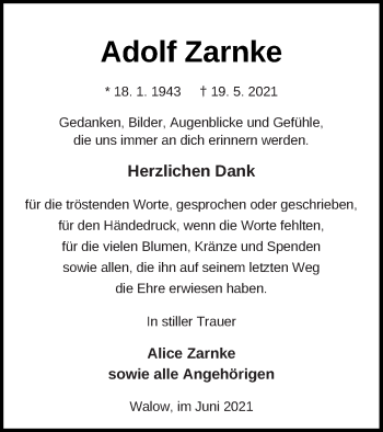 Traueranzeige von Adolf Zarnke von Müritz-Zeitung