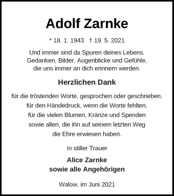 Traueranzeige von Adolf Zarnke von Müritz-Zeitung