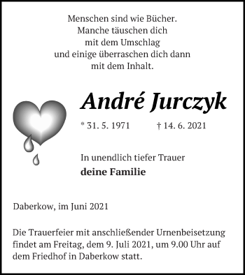 Traueranzeige von Andre Jurczyk von Vorpommern Kurier