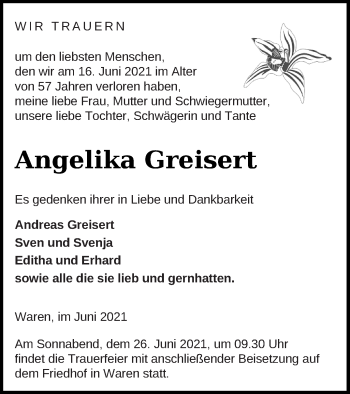 Traueranzeige von Angelika Greisert von Müritz-Zeitung