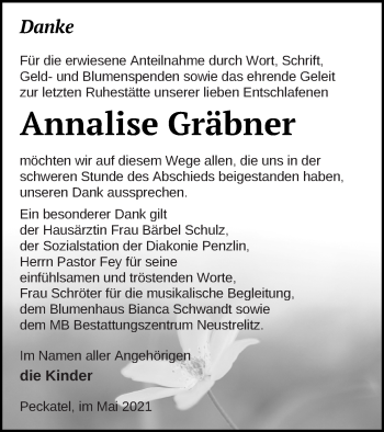 Traueranzeige von Annalise Gräbner von Müritz-Zeitung