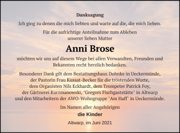 Traueranzeige von Anni Brose von Haff-Zeitung