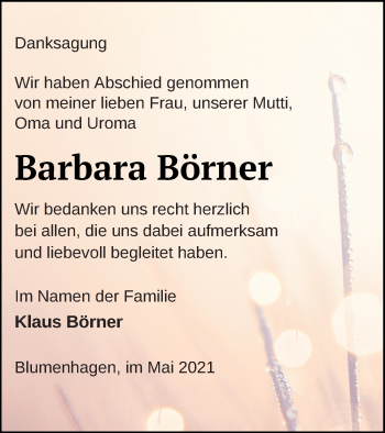 Traueranzeige von Barbara Börner von Pasewalker Zeitung