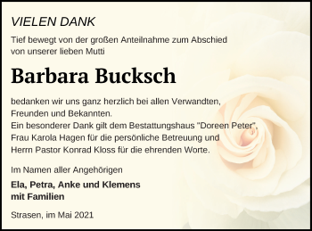 Traueranzeige von Barbara Bucksch von Strelitzer Zeitung