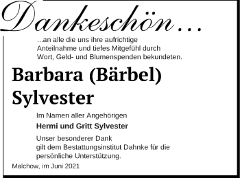 Traueranzeige von Barbara  Sylvester von Müritz-Zeitung