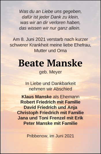 Traueranzeige von Beate Manske von Mecklenburger Schweiz