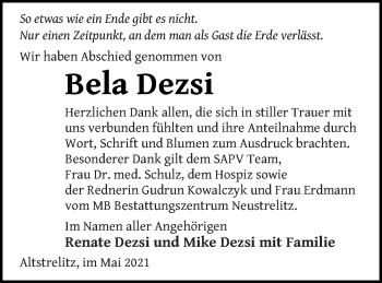 Traueranzeige von Bela Dezsi von Strelitzer Zeitung