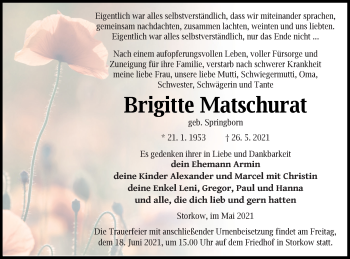 Traueranzeige von Brigitte Matschurat von Templiner Zeitung