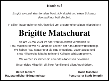 Traueranzeige von Brigitte Matschurat von Templiner Zeitung