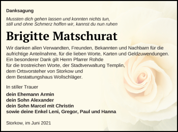 Traueranzeige von Brigitte Matschurat von Templiner Zeitung