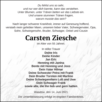 Traueranzeige von Carsten Ziesche von Mecklenburger Schweiz