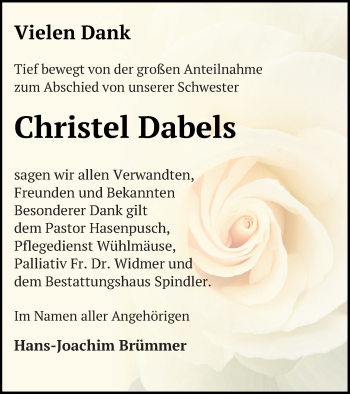 Traueranzeige von Christel Dabels von Mecklenburger Schweiz