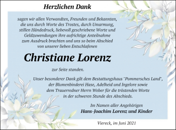 Traueranzeige von Christiane Lorenz von Pasewalker Zeitung