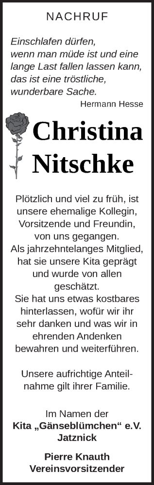 Traueranzeige von Christina Nitschke von Pasewalker Zeitung