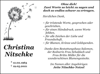 Traueranzeige von Christina Nitschke von Pasewalker Zeitung