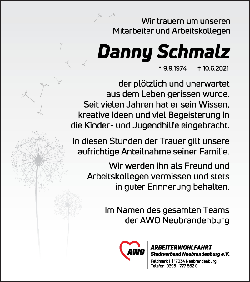  Traueranzeige für Danny Schmalz vom 23.06.2021 aus Neubrandenburger Zeitung