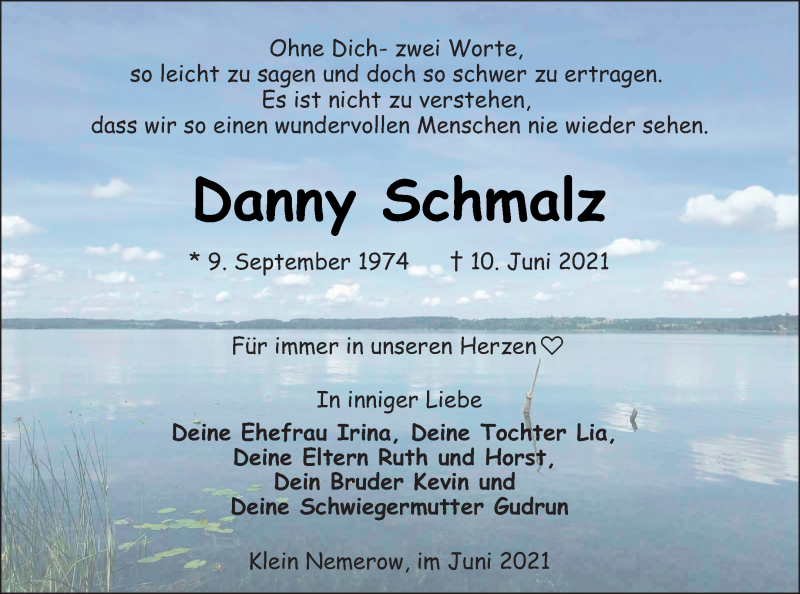  Traueranzeige für Danny Schmalz vom 17.06.2021 aus Neubrandenburger Zeitung