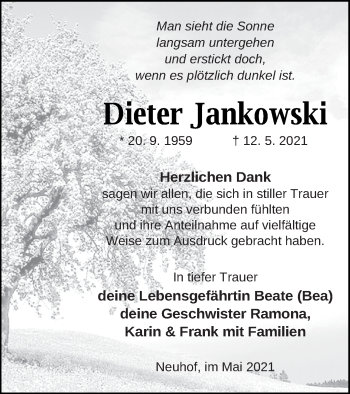 Traueranzeige von Dieter Jankowski von Vorpommern Kurier