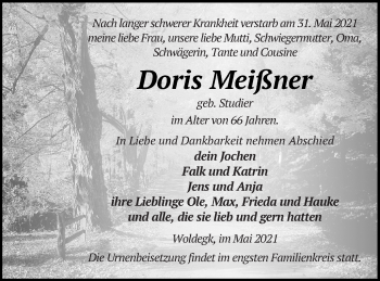 Traueranzeige von Doris Meißner von Strelitzer Zeitung