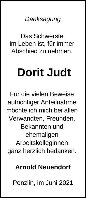 Traueranzeige von Dorit Judt von Müritz-Zeitung