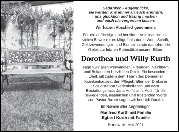 Traueranzeige von Dorothea Kurth von Vorpommern Kurier