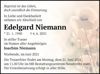 Traueranzeige von Edelgard Niemann von Strelitzer Zeitung