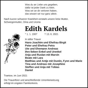 Traueranzeige von Edith Kardels von Vorpommern Kurier