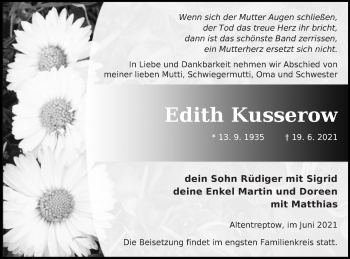 Traueranzeige von Edith Kusserow von Neubrandenburger Zeitung