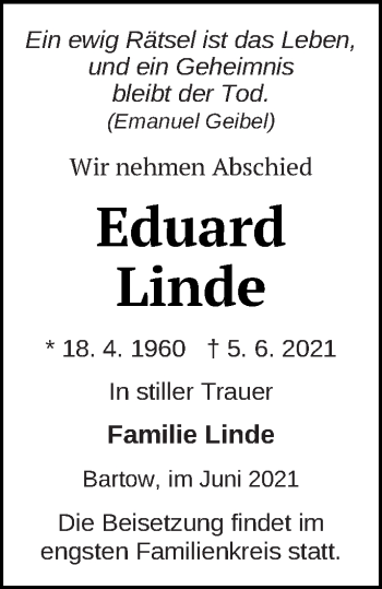 Traueranzeige von Eduard Linde von Neubrandenburger Zeitung