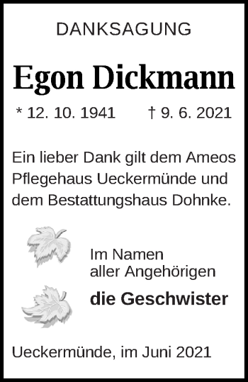 Traueranzeige von Egon Dickmann von Haff-Zeitung