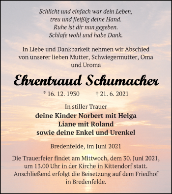 Traueranzeige von Ehrentraud Schumacher von Demminer Zeitung