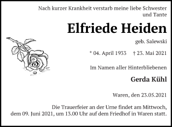 Traueranzeige von Elfriede Heiden von Müritz-Zeitung