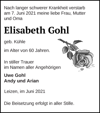 Traueranzeige von Elisabeth Gohl von Müritz-Zeitung