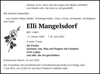 Traueranzeige von Elli Mangelsdorf von Mecklenburger Schweiz