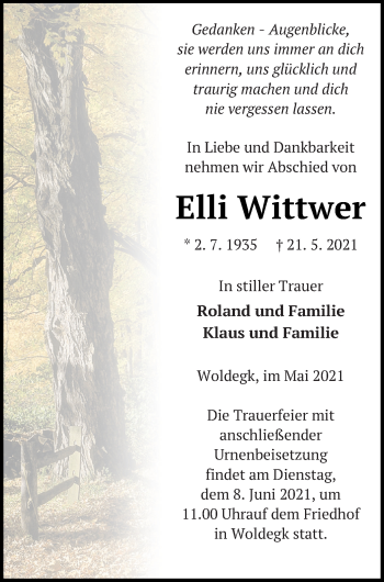 Traueranzeige von Elli Wittwer von Strelitzer Zeitung