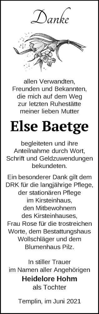 Traueranzeige von Else Baetge von Templiner Zeitung