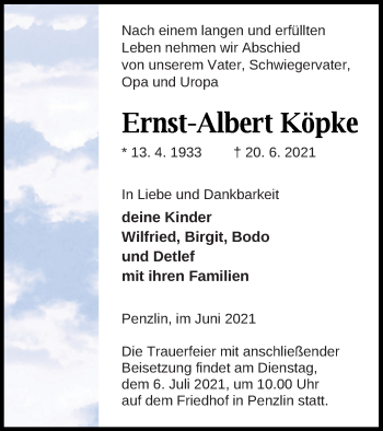 Traueranzeige von Ernst-Albert Köpke von Müritz-Zeitung