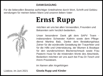 Traueranzeige von Ernst Rupp von Vorpommern Kurier