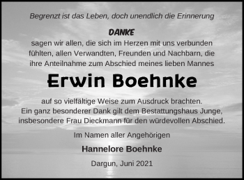 Traueranzeige von Erwin Boehnke von Mecklenburger Schweiz