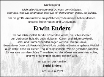 Traueranzeige von Erwin Enders von Strelitzer Zeitung