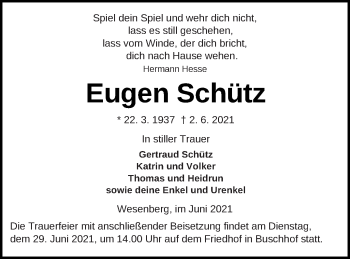 Traueranzeige von Eugen Schütz von Müritz-Zeitung