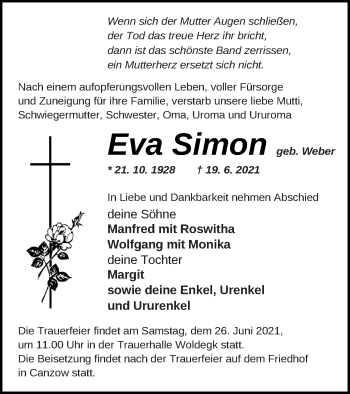 Traueranzeige von Eva Simon von Strelitzer Zeitung