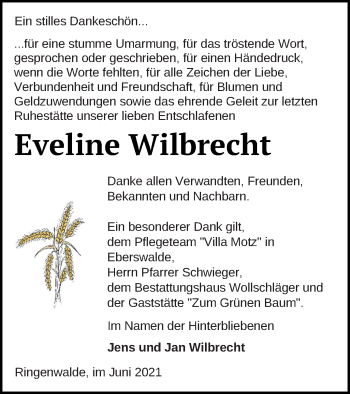 Traueranzeige von Eveline Wilbrecht von Templiner Zeitung