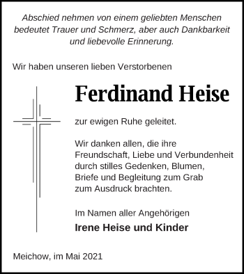 Traueranzeige von Ferdinand Heise von Prenzlauer Zeitung